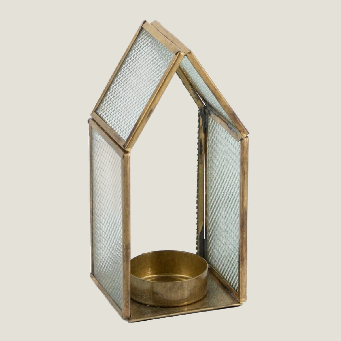 Metalen windlicht huisje met glas - klein