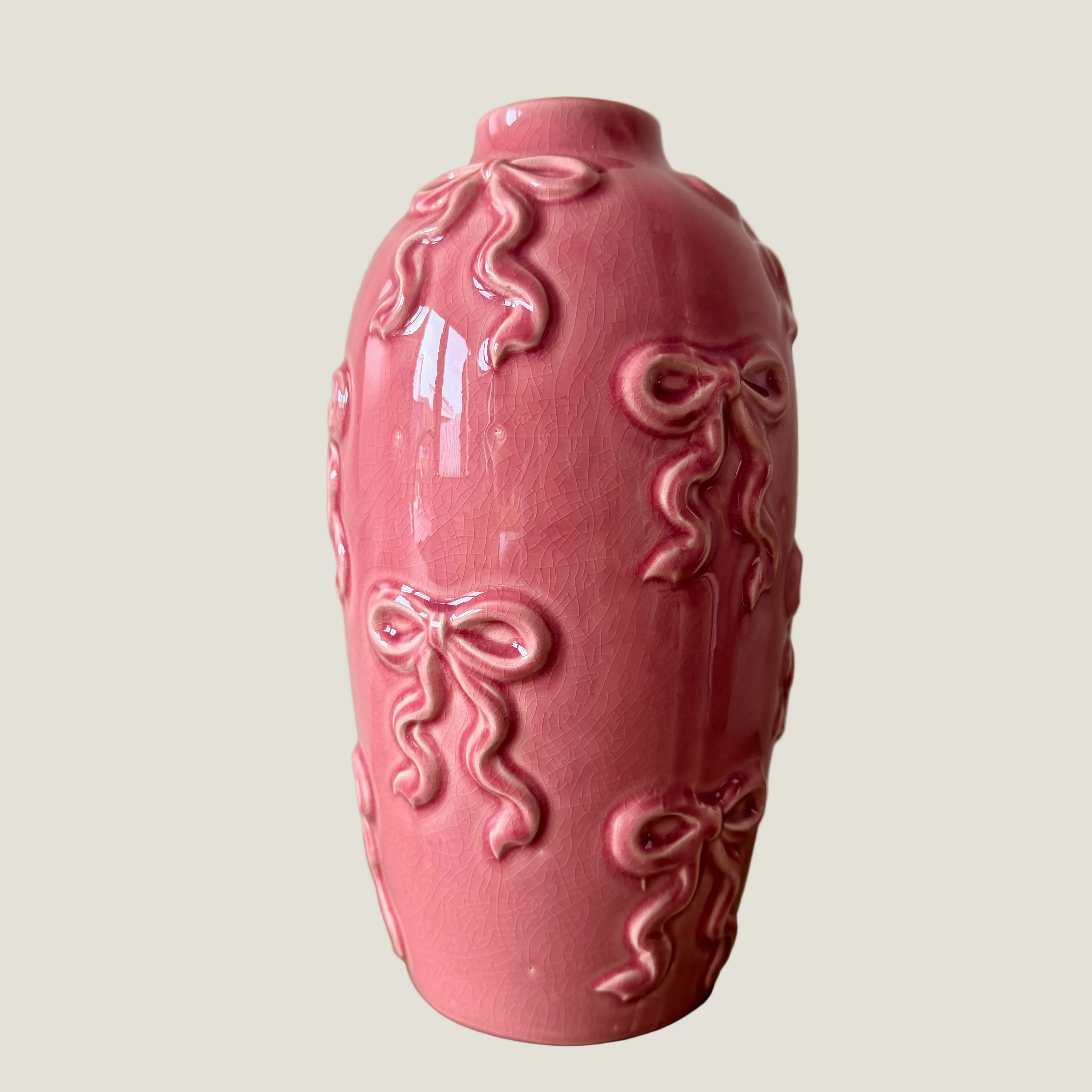Aardewerk vaas strikjes roze